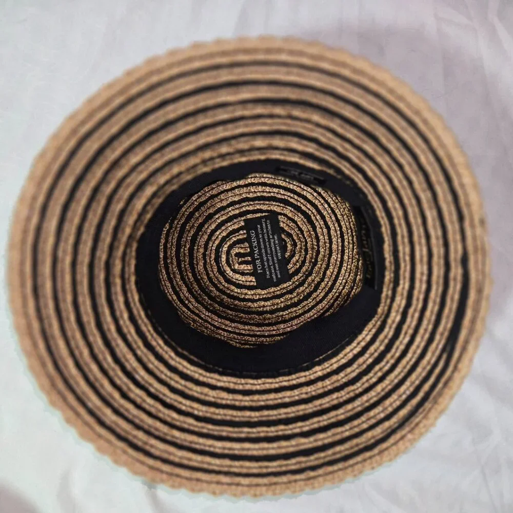 Eric Javits New York Packable Straw Bucket Sun Hat Tan Black Stripe UPF - Picture 11 of 14